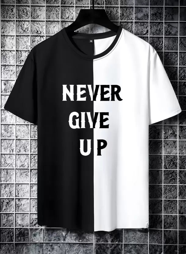 Black and white printed polyester T-shirt for men with a regular fit, round neck, and half sleeves.