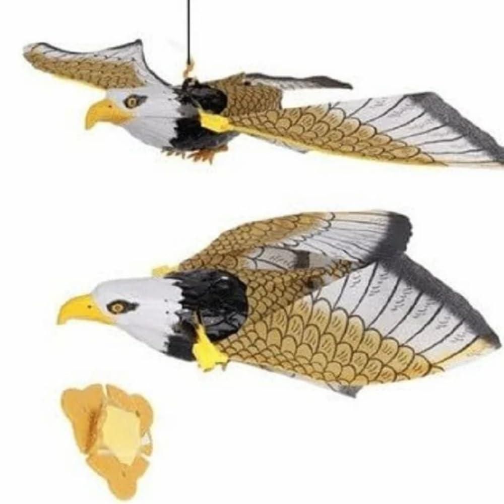 Two toy eagles with outstretched wings, detailed with yellow, black, and white patterns, and a separate mounting piece.