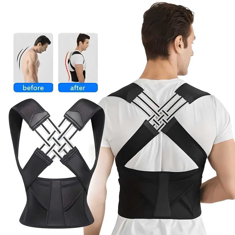 A man wearing a black posture corrector brace, with an inset showing before and after posture improvement.