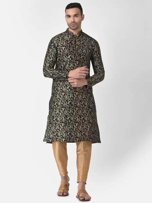 AHBABI Mens Printed Dupion Silk Kurta Pyjama Set Black-Golden