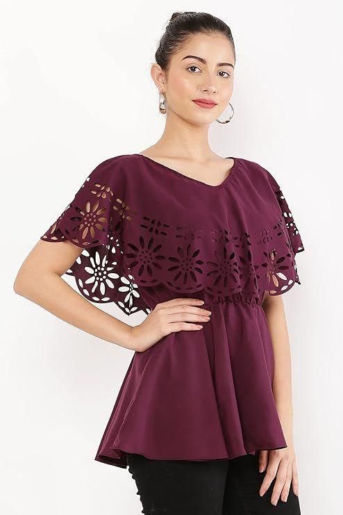 Side view of Oceanista Womens Crepe Solid V-Neck Maroon Top, demonstrating the short sleeves and elegant drape.