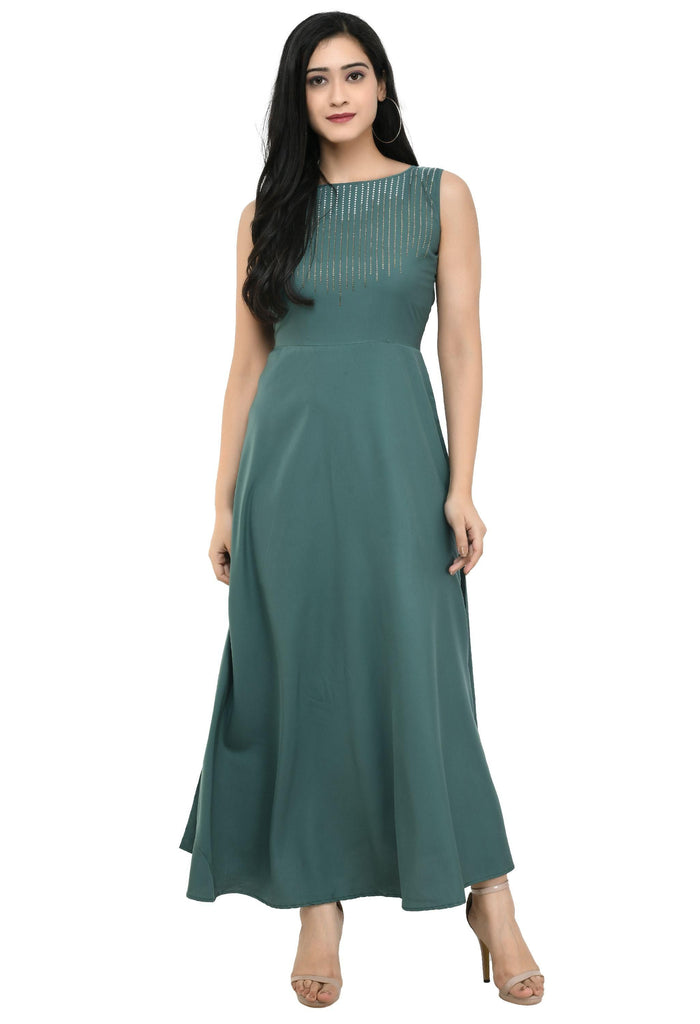 Oceanista Womens Crepe Embellished Partywear Green Maxi Dress