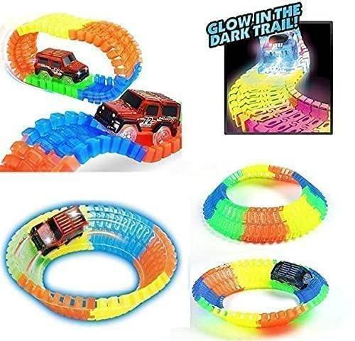 Magic Race Bend Flex and Tracks set with brightly colored flexible tracks and an LED race car, creating a custom glow-in-the-dark racing experience.