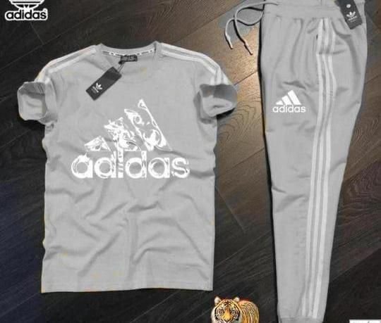 Men's grey polyester summer tracksuit with printed design and half sleeves