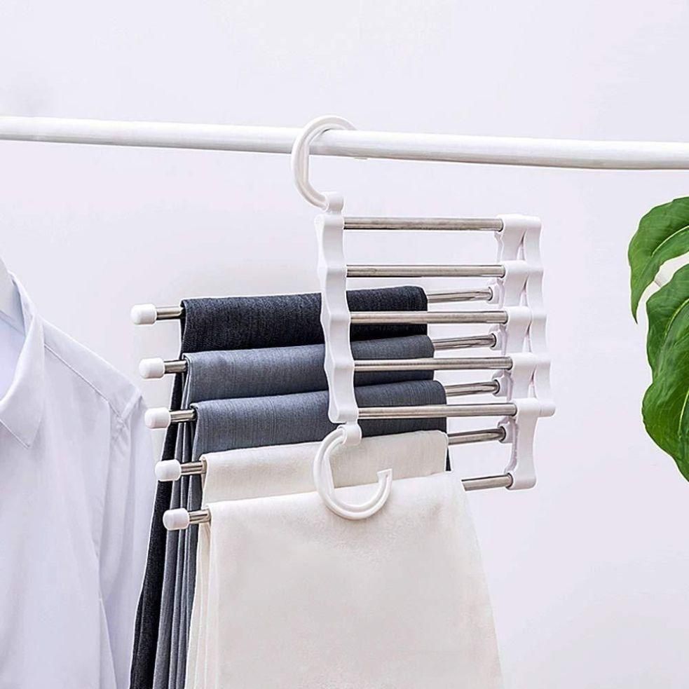 Pack of 2 stainless steel multifunction retractable rack trouser hangers, each holding up to five pairs of trousers with non-slip bars for secure and crease free storage.