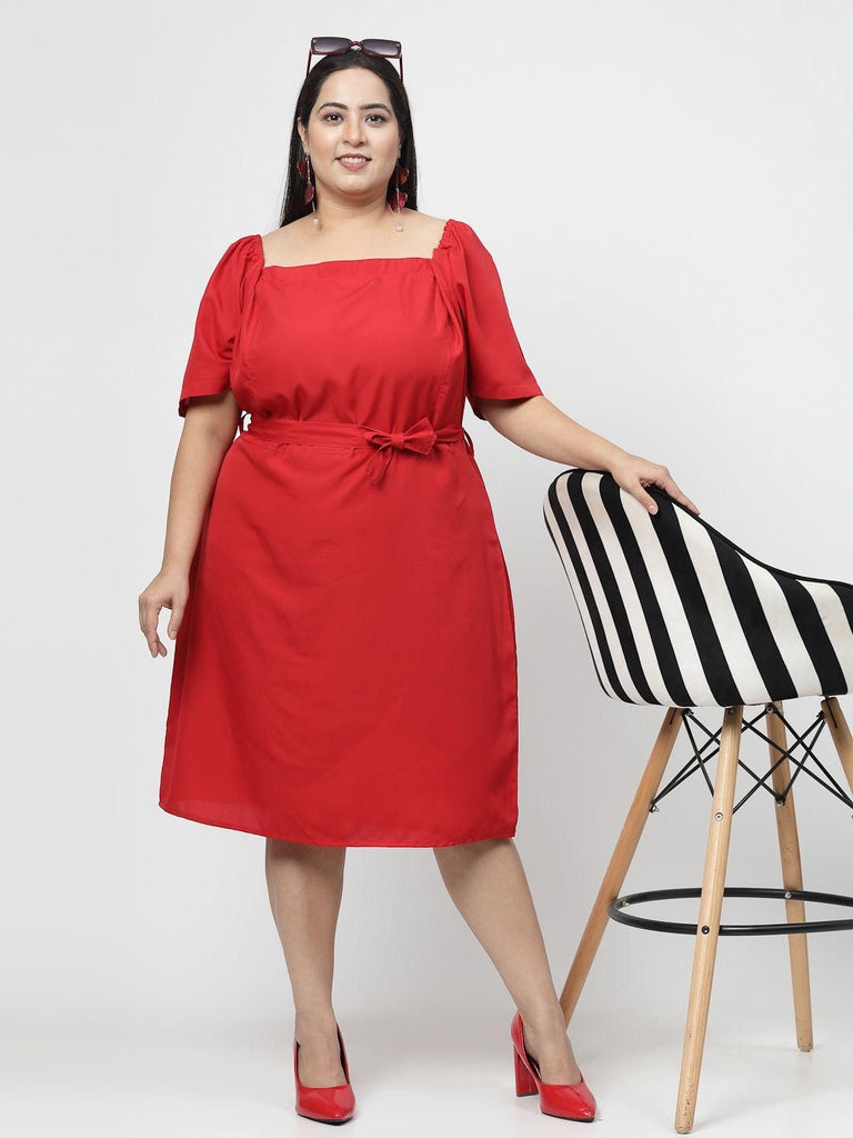 Flambeur Plus Size Red Solid Flared Short Dress for Women - Front view showing the fitted bodice and flared skirt