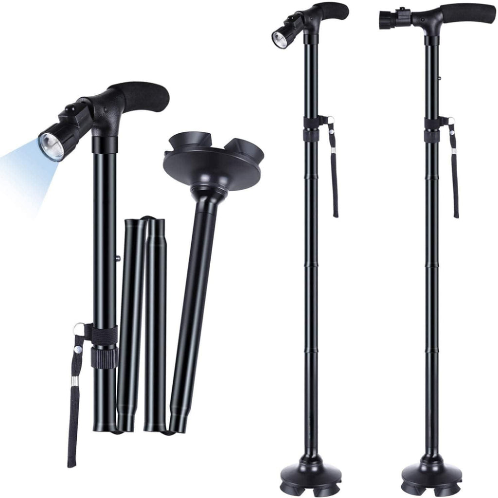 Collapsible aluminum walking stick with built-in LED light in random color. Lightweight and foldable design for travel and daily mobility.
