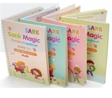 A set of colorful children's practice copybooks titled 'Sank Magic' arranged in a row.