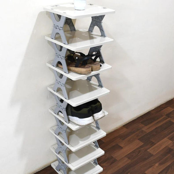 Angled view: corner smart foldable shoe rack at an angle, showcasing its versatility and ability to fit into corners.