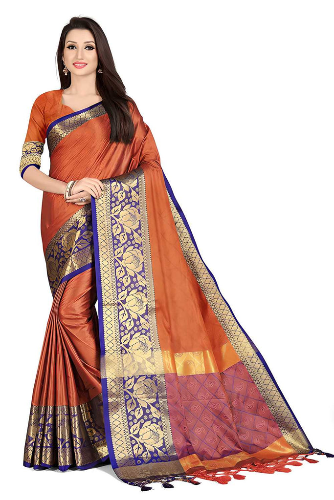 Attractive Zari Jacquard Aura Silk Saree featuring intricate Zari Jacquard work on luxurious Aura silk. Available in various vibrant colors, this saree measures 6.5 meters in length, including an unstitched matching blouse piece. Perfect for weddings, festivals, and special occasions, offering a sophisticated and graceful appearance with its rich texture and exquisite design.