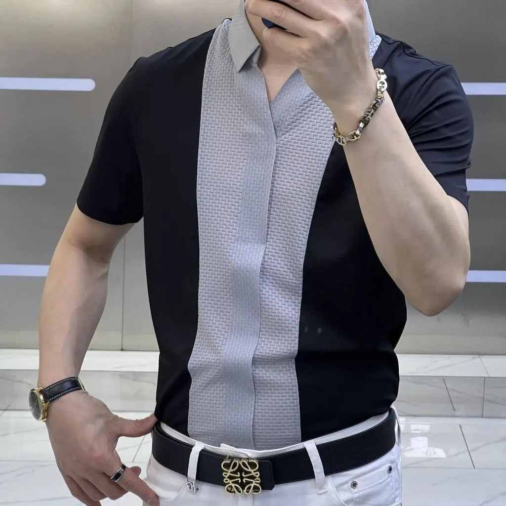 "Men's Patchwork Short Sleeve Polo Shirt in Black & White - Slim Fit, Half Sleeves, Casual Wear"







