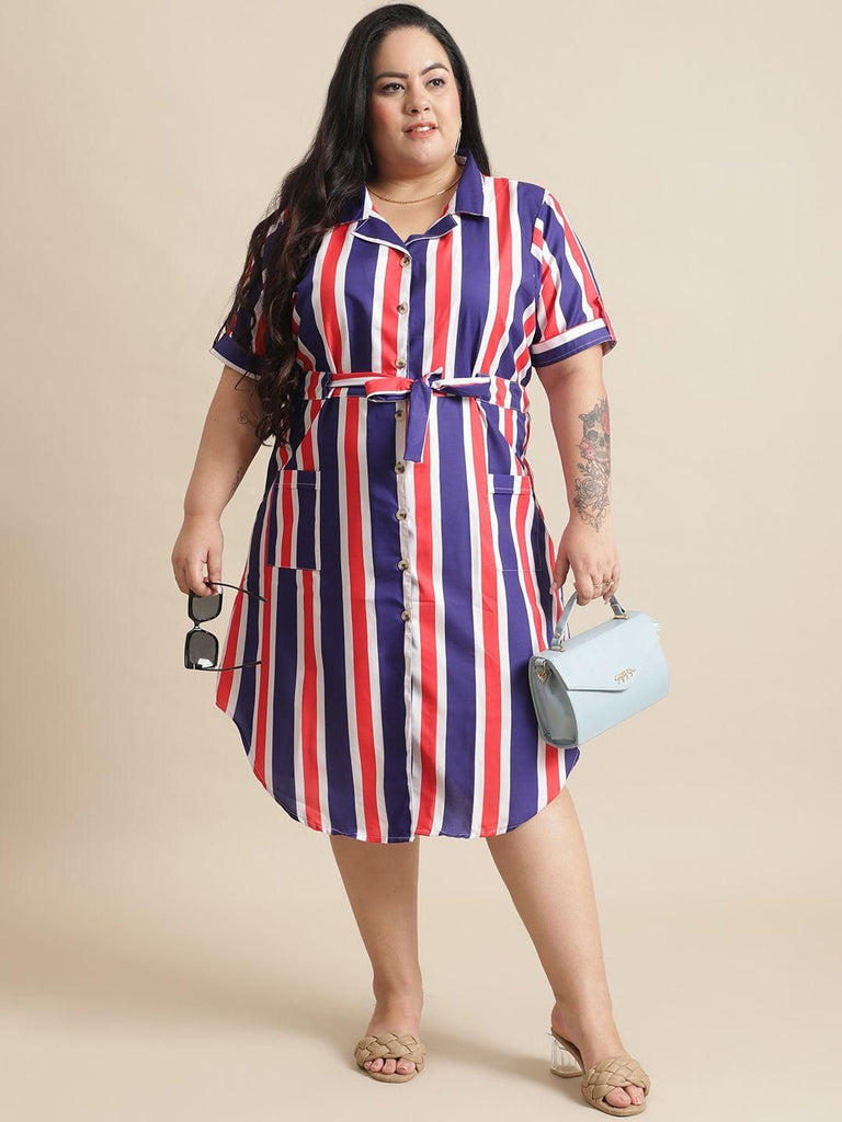 Flambeur Plus Size Stripe Shirt Style Midi Dress for Women featuring a classic shirt design with a flattering stripe pattern, providing elegance and comfort for casual outings and special occasions