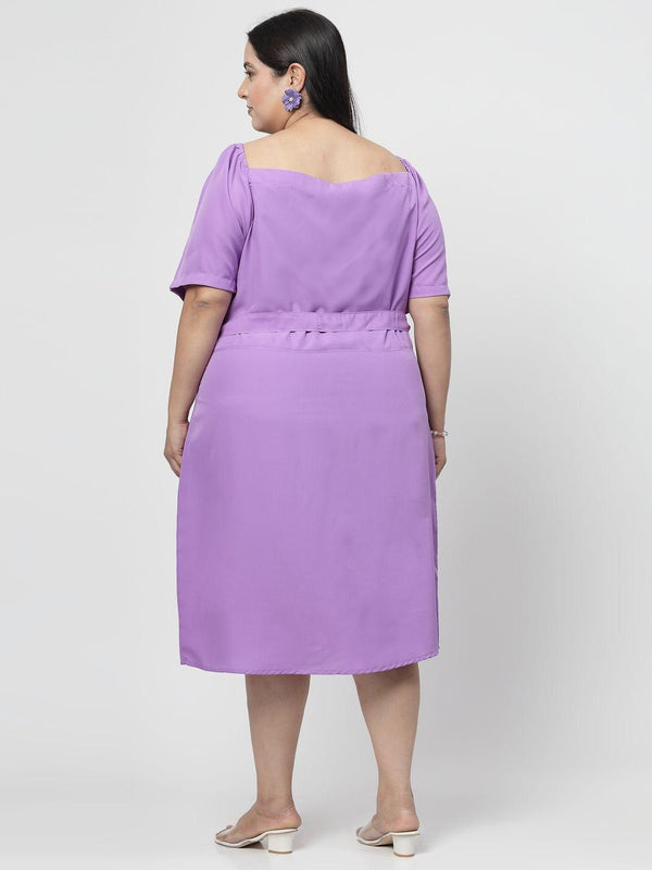 Back view of Flambeur Plus Size Lavender Solid Flared Short Dress for Women.