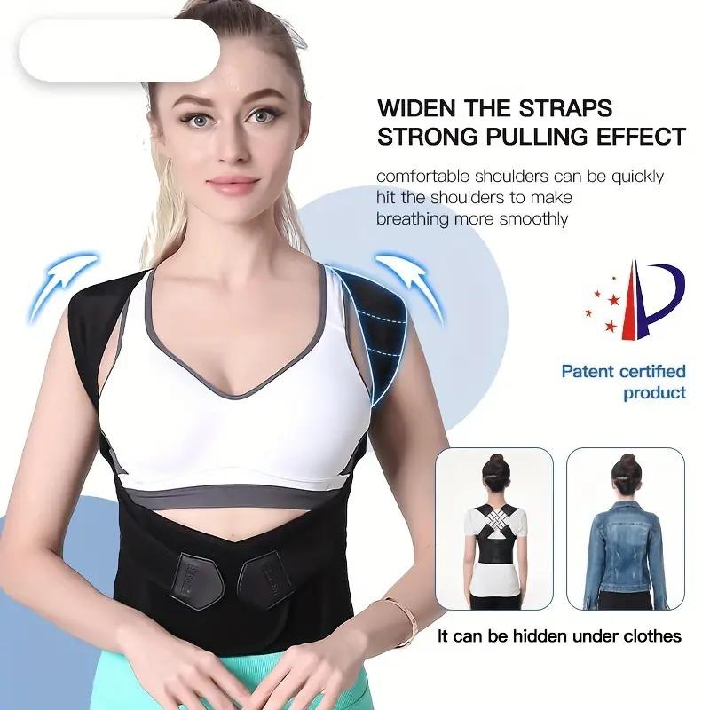 A woman wearing a posture corrector vest with text describing its benefits, including widened straps and strong pulling effect. Small illustrations show the device under clothes and a patent symbol is visible.