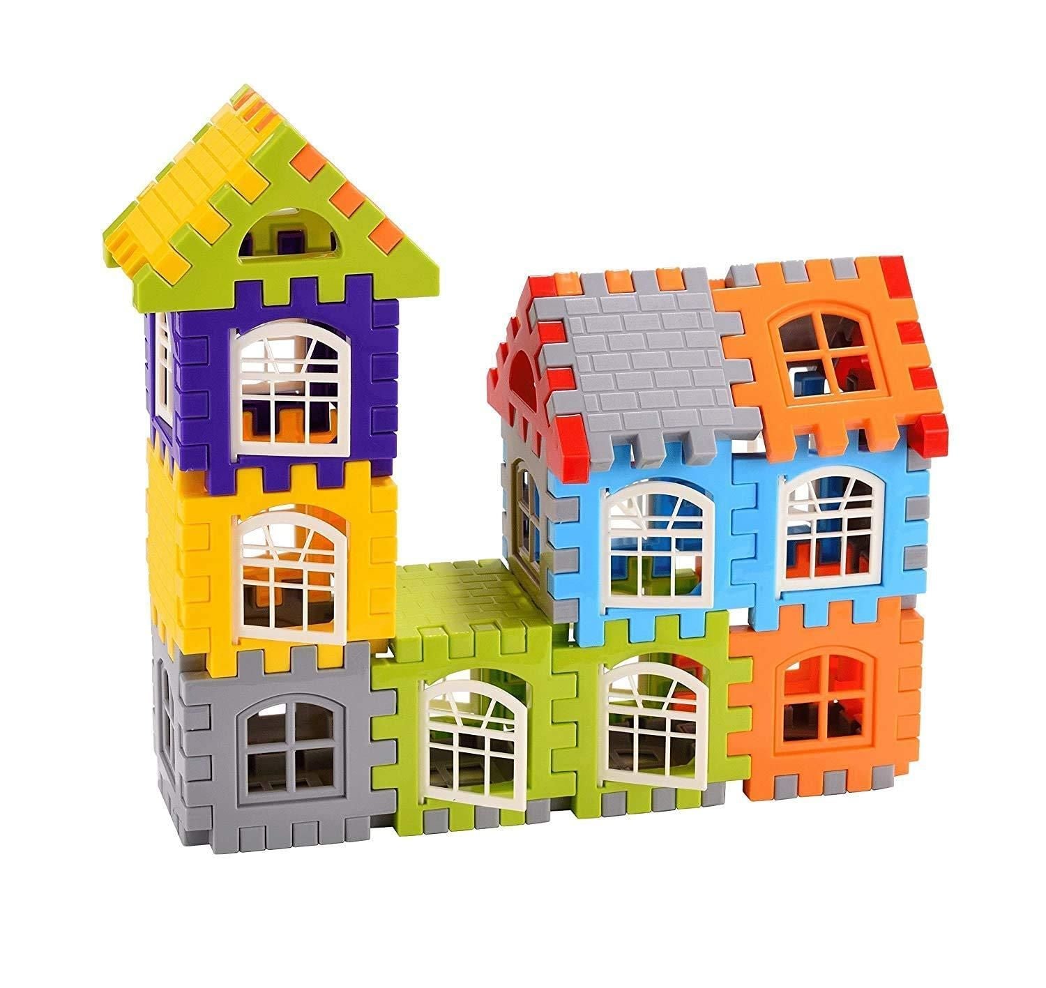 A toy house built from colorful interlocking plastic blocks.