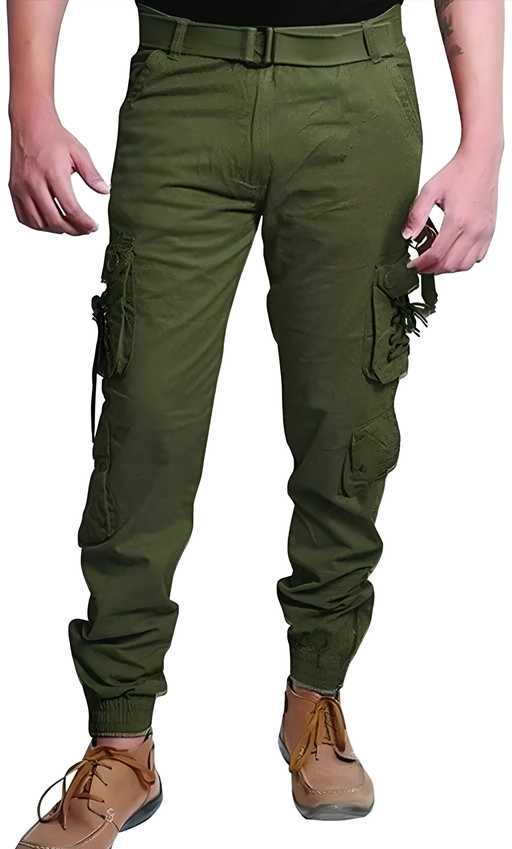 Men's Green Cotton Solid Slim Fit Cargo Pants - Casual Wear

