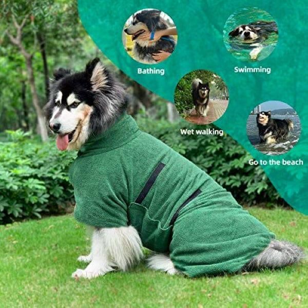 A large dog wearing a green coat sitting outdoors on grass, with inset images showing the coat being used for bathing, swimming, wet walking, and at the beach.