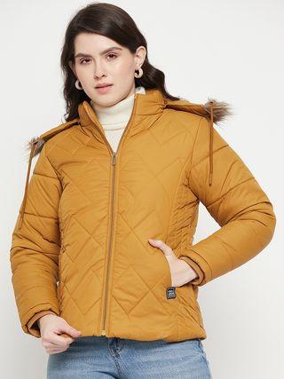 Womens Winter Wear Solid Parka Jacket featuring a cozy hood, multiple pockets, and durable insulation, designed for warmth and style in cold weather