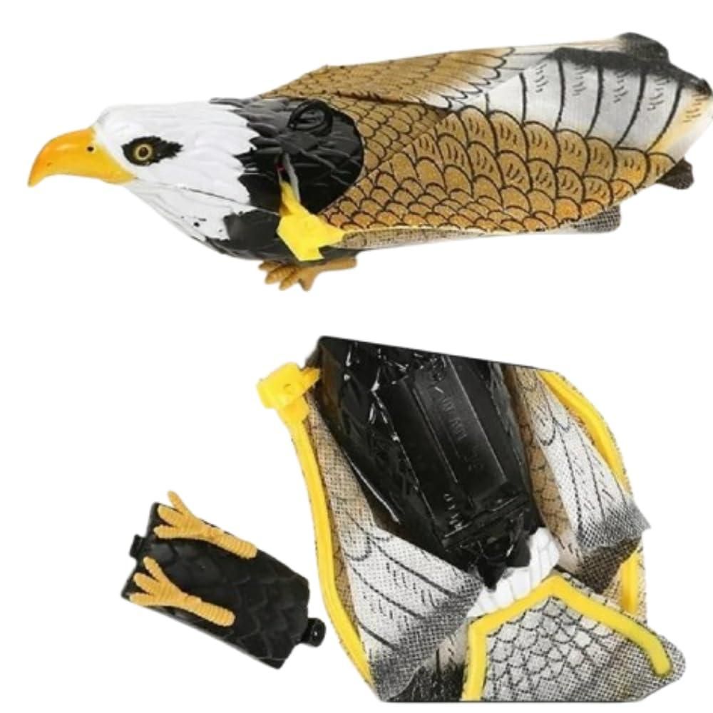 A realistic decoy of a bald eagle, shown with its removable legs and an open compartment inside.