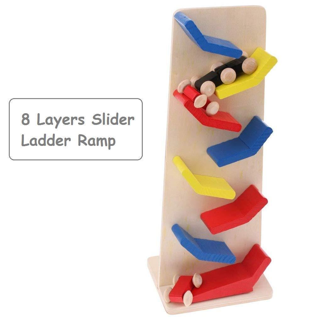 Wooden race track car ramp toy set for kids, colorful design. 8 layer slider

