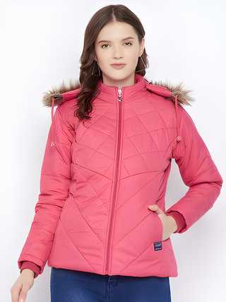 "Women's solid pink winter parka jacket made from polyester."
