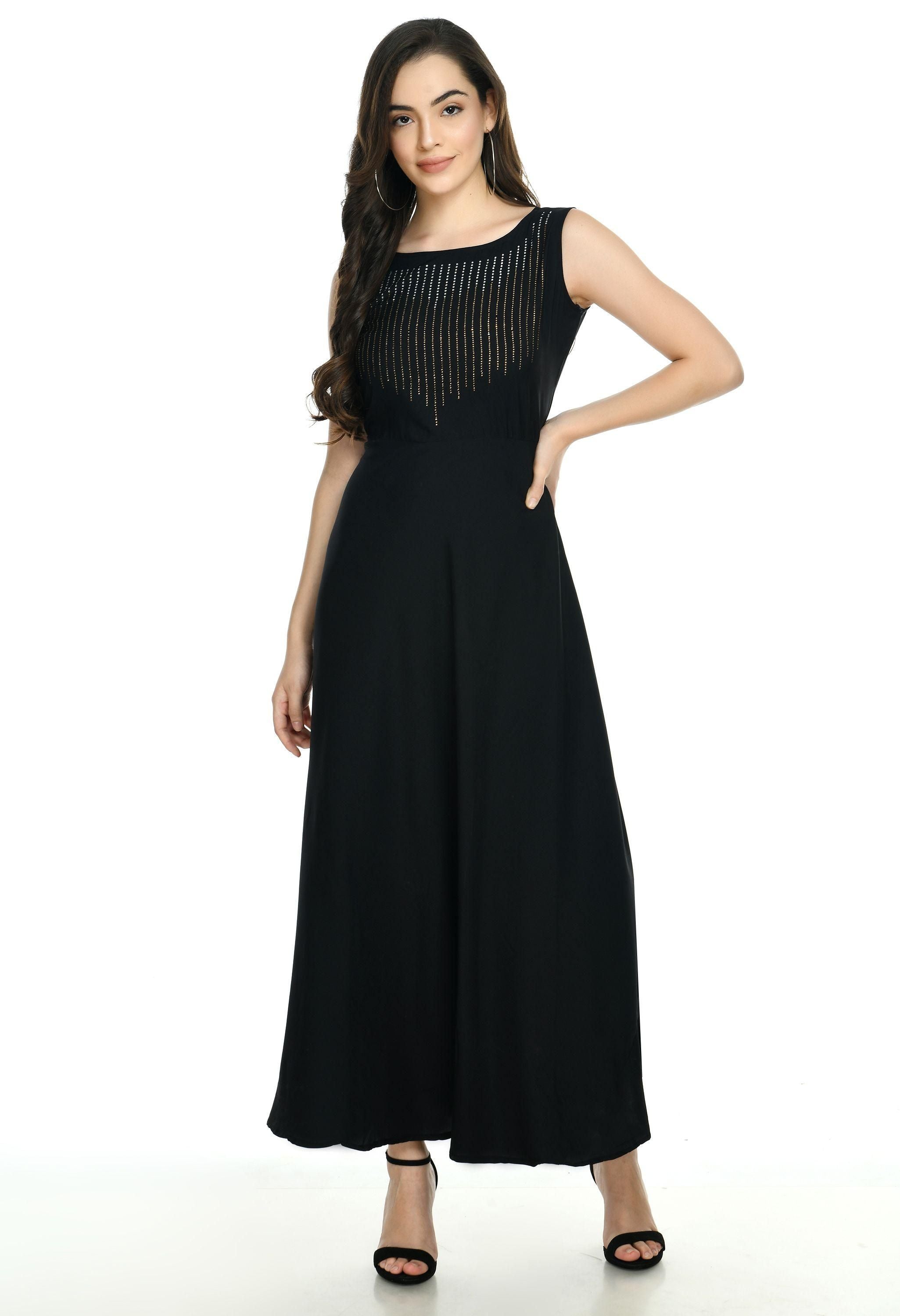 Oceanista Womens Crepe Embellished Partywear Black Maxi Dress