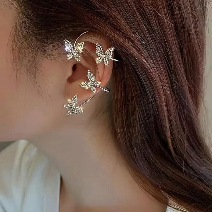 "Stylish Butterfly Ear Crawler Cuff Earrings, silver plated."

