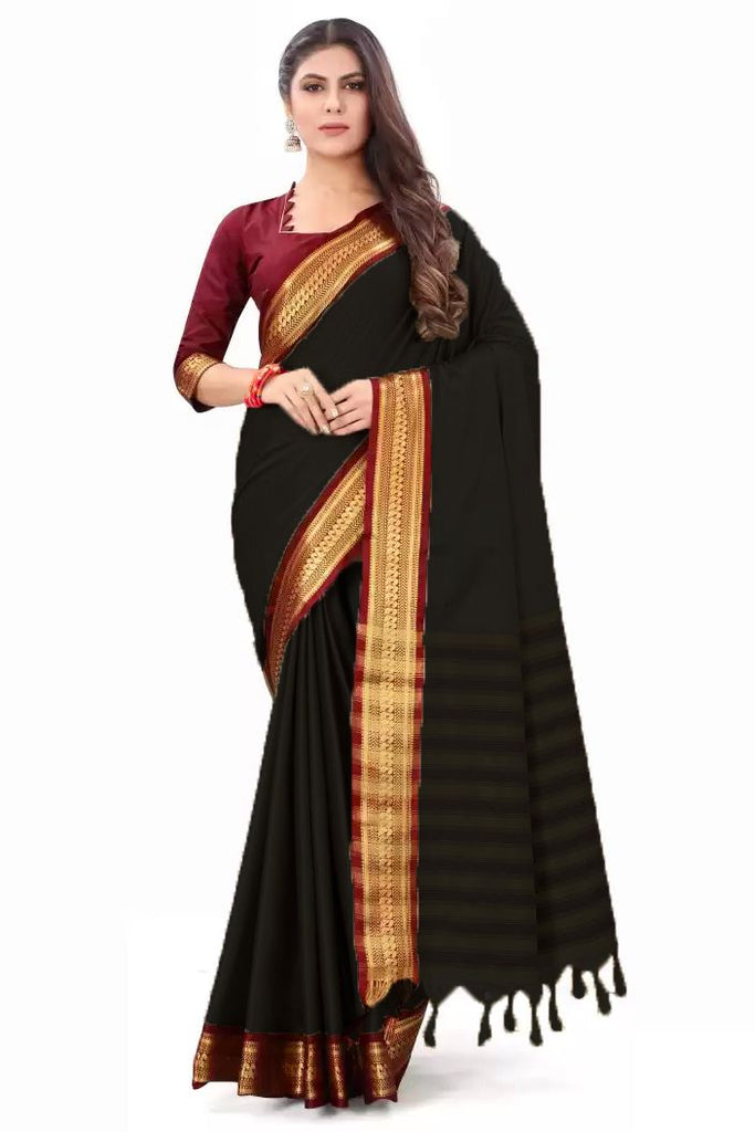 Pretty Aura Silk Solid Saree with Zari Border, showcasing a smooth silk fabric with an elegant solid design and intricate zari border detailing