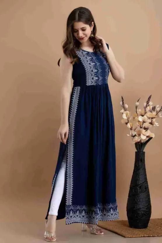 Stylish OCEANISTA Women's Navy Blue Rayon Long Kurti with printed design, perfect for casual wear. Features a sleeveless, long-length style, and comes pre-stitched for convenience.