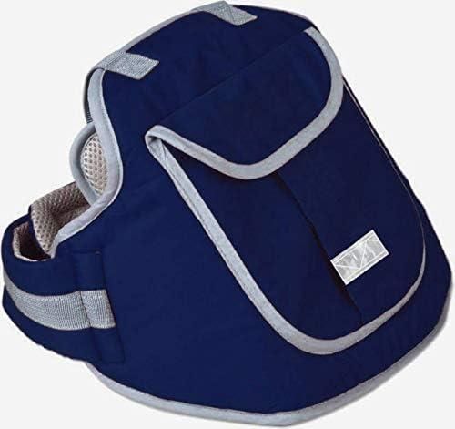A blue padded waist apron with gray trim and mesh lining, designed for carrying babies.