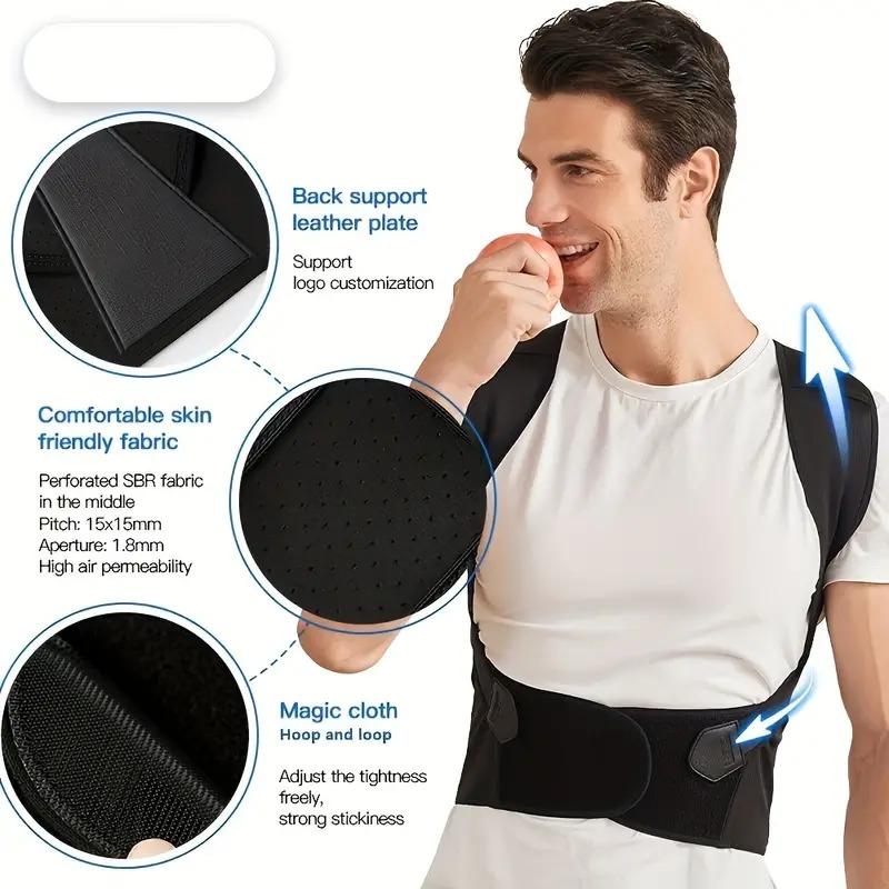 A man wearing a posture corrector brace with callouts highlighting features such as back support leather plate, comfortable skin-friendly fabric, and adjustable magic cloth fastening.