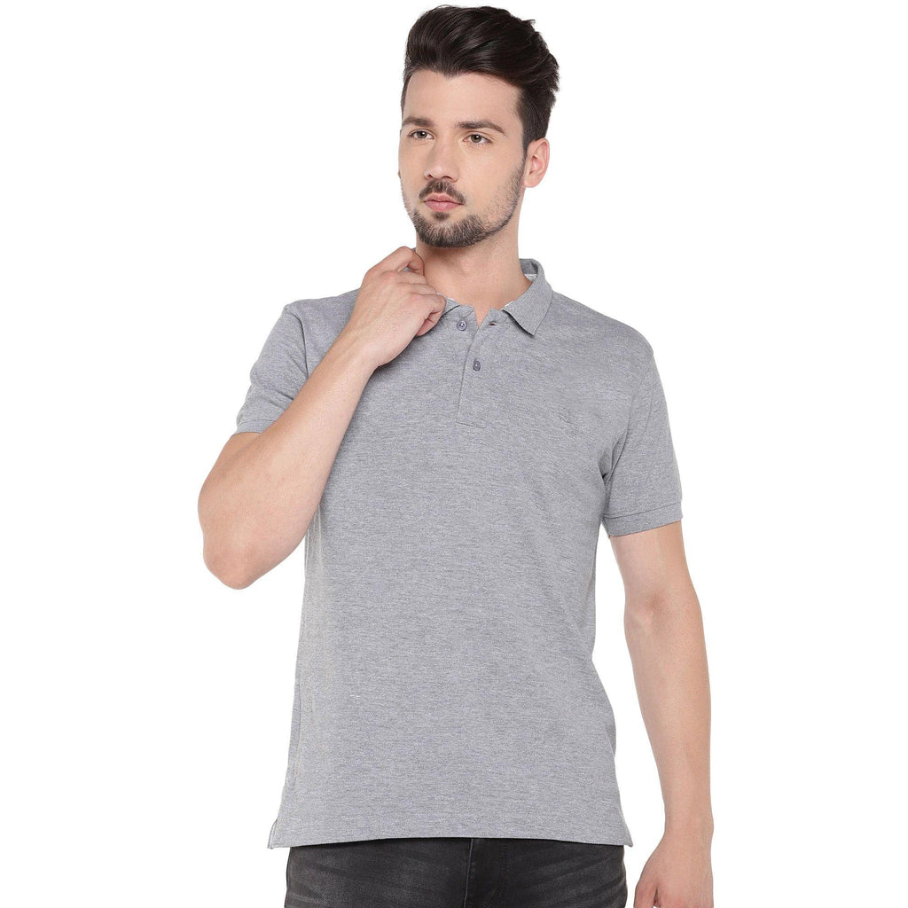 Men's grey cotton blend polo T-shirt with a solid pattern, half sleeves, and regular fit, available in multiple sizes, perfect for casual wear.







