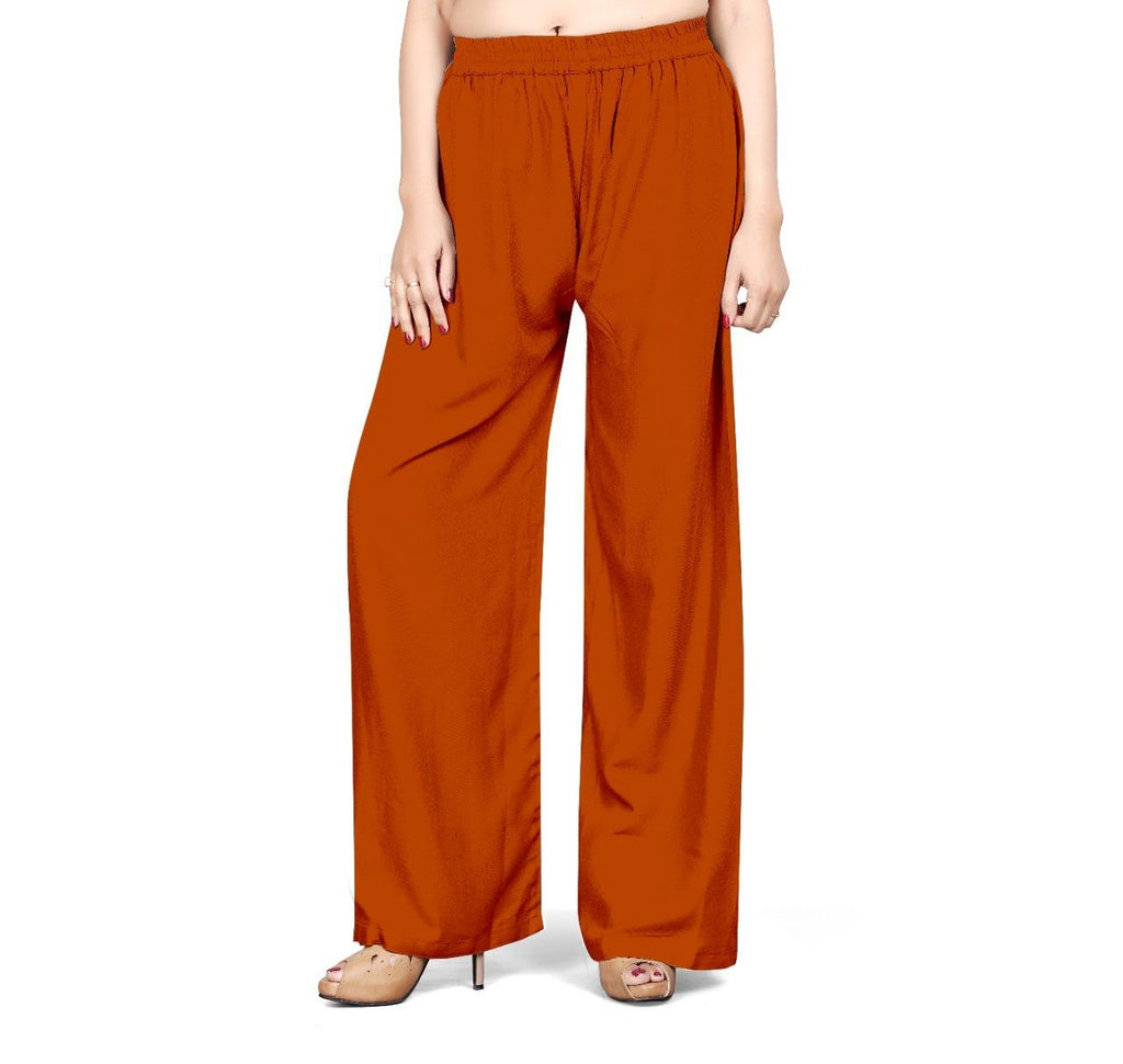 Womens Solid Rayon Palazzo featuring a loose and comfortable fit with an elastic waistband. Made from high-quality, lightweight, and breathable rayon fabric, available in various solid colors and sizes (S, M, L, XL, XXL). Ideal for casual outings, office wear, and festive occasions, offering a stylish and versatile addition to any outfit.