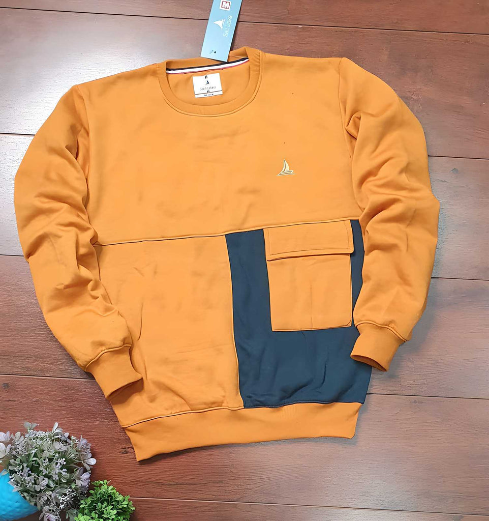 "Men's fleece color block full sleeves sweatshirt with round neck."