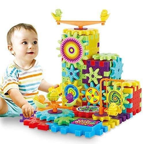 Battery-operated 81-piece rotating building blocks set with gears, designed for STEM learning and enhancing problem-solving skills in children