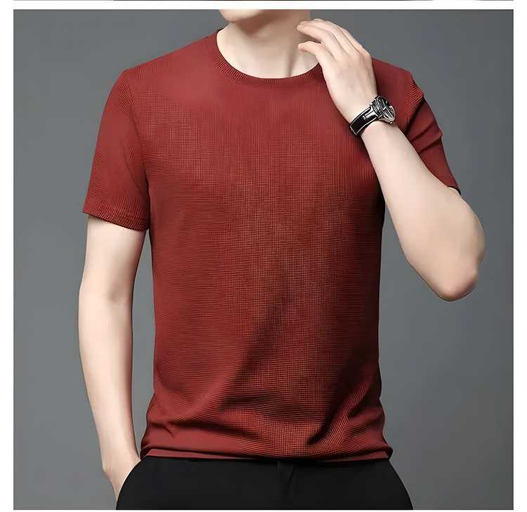 Men's maroon 4-way stretchable round neck T-shirt in poly cotton, slim fit with half sleeves, perfect for casual wear.