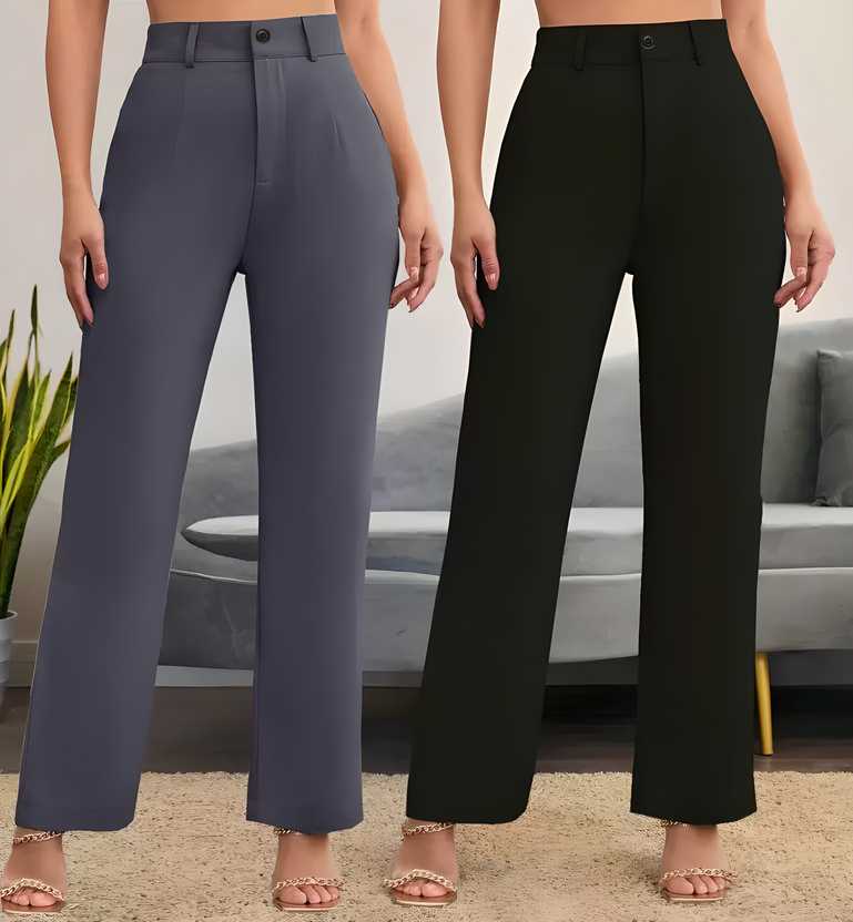 "Pack of 2 solid grey and black Lycra trousers for women, featuring a high waist and regular fit."






