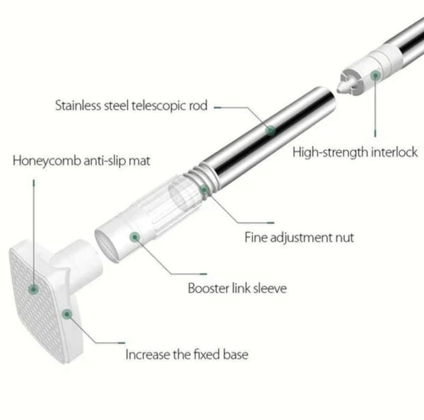 A labeled diagram of a stainless steel telescopic rod with parts such as a honeycomb anti-slip mat, high-strength interlock, fine adjustment nut, booster link sleeve, and fixed base.