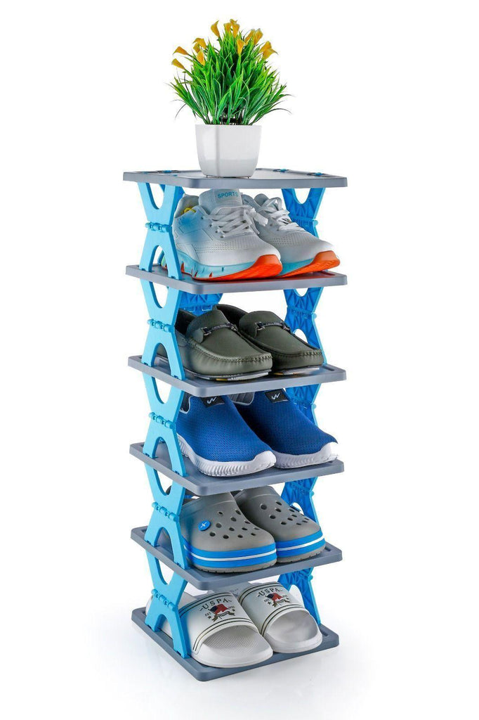 Smart foldable 5-layer shoe rack made of plastic, compact design, space-saving, and perfect for organizing shoes.






