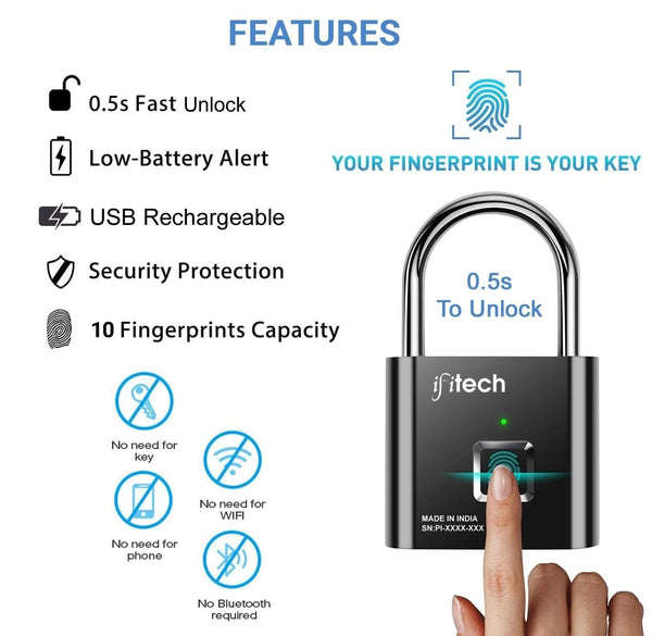 Portable Fingerprint Padlock USB Rechargeable