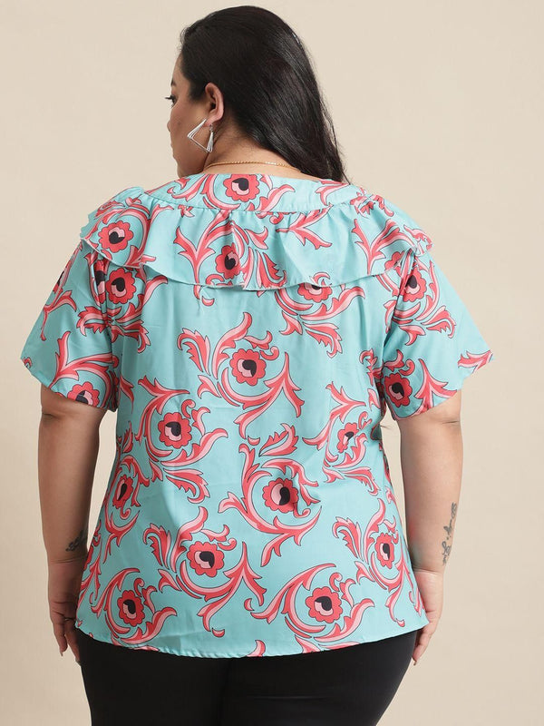 Backside view of Flambeur Women's Plus Size Printed Half Sleeve Top