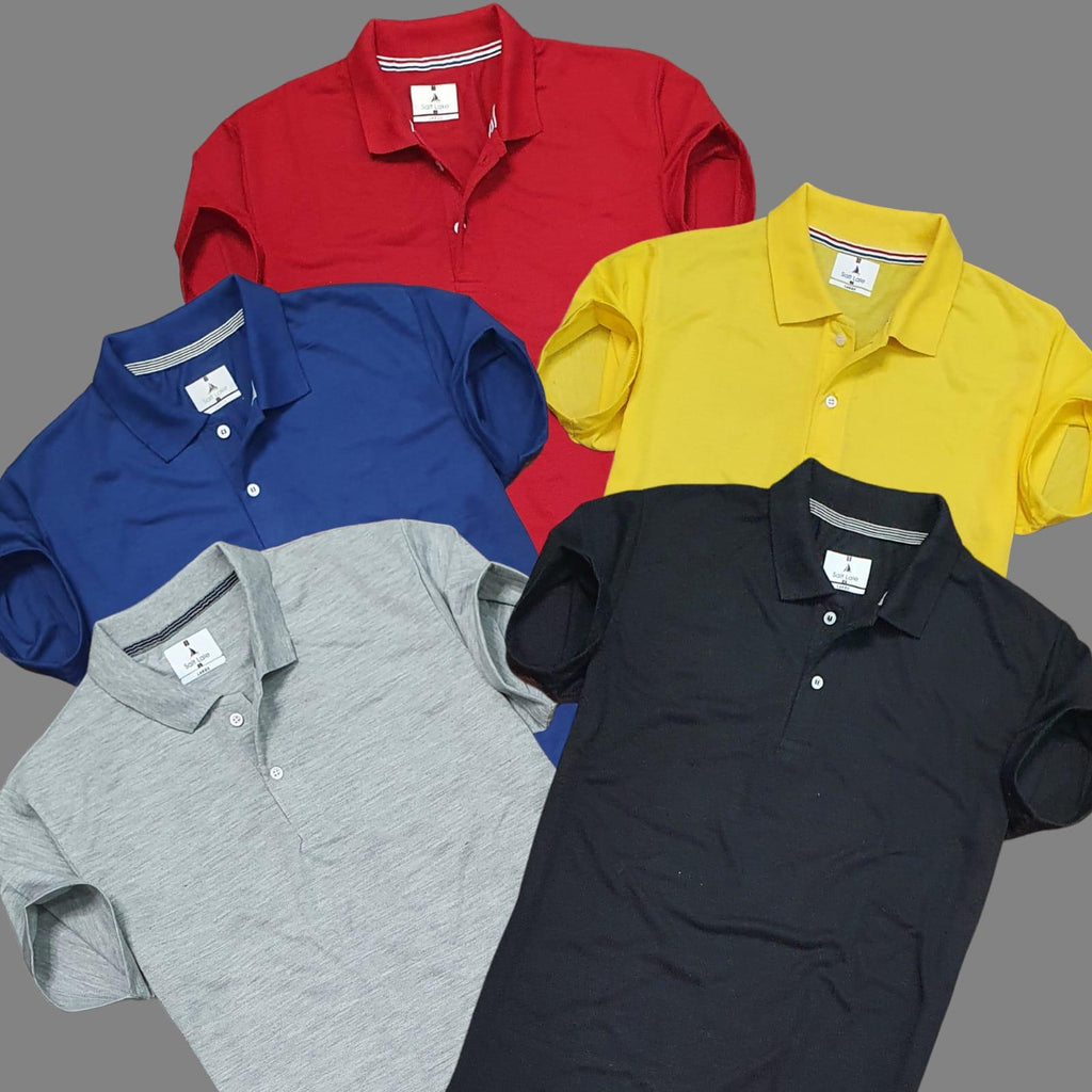 Pack of 5 Multicolor Solid Men's Polo Neck Matty T-shirts with Half Sleeves.