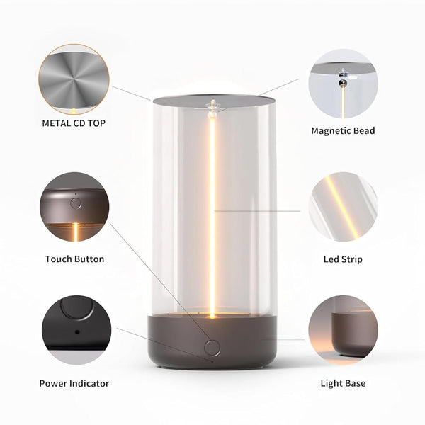 A diagram of a cylindrical LED lamp showing labeled parts including metal CD top, magnetic bead, LED strip, touch button, power indicator, and light base.