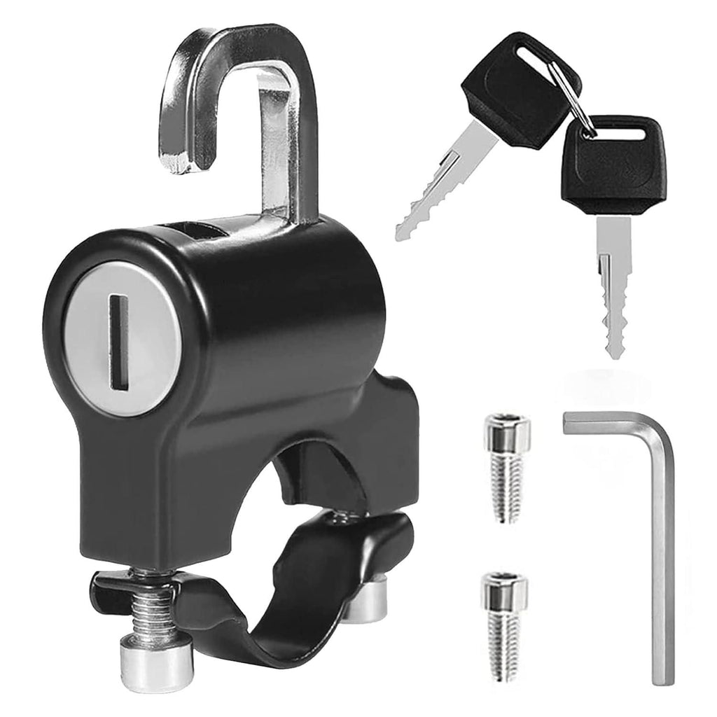 Aluminum helmet lock for bikes with a secure key lock, lightweight and compact design in random color options.

