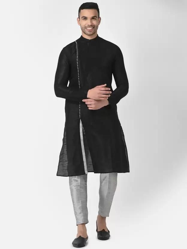 AHBABI Mens Solid Slit Style Dupion Silk Kurta Pyjama Set Black-Silver