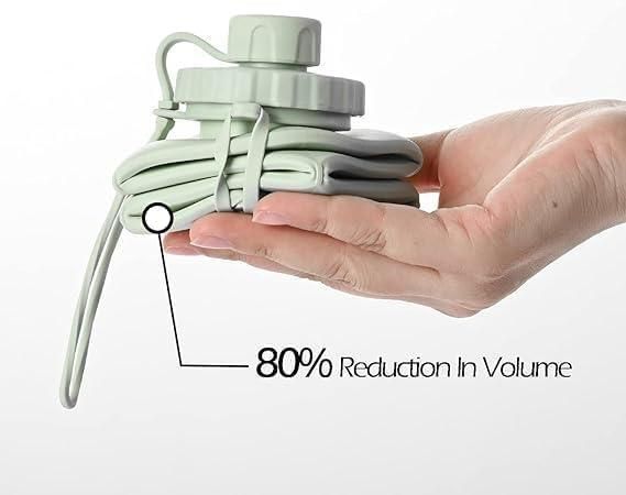 A hand holding a folded, collapsible water bottle with text indicating an 80% reduction in volume.