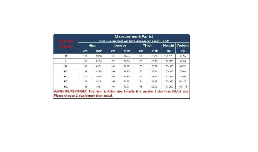 A size chart for pants with measurements in centimeters and inches for hips, length, and thigh, plus recommended height and weight ranges. There is a warning at the bottom advising to choose 2 sizes bigger than usual due to Asian sizing.