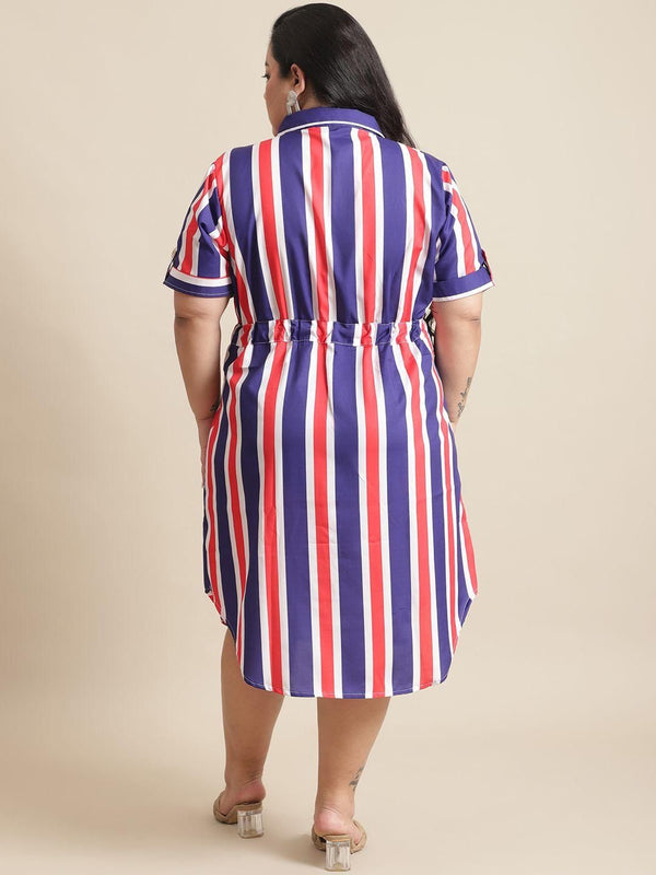 Backside view of  Flambeur Plus Size Stripe Shirt Style Midi Dress for Women