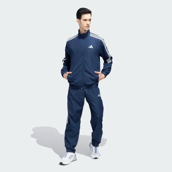 "Men's black side stripe polyester tracksuit with full sleeves and track pants"






