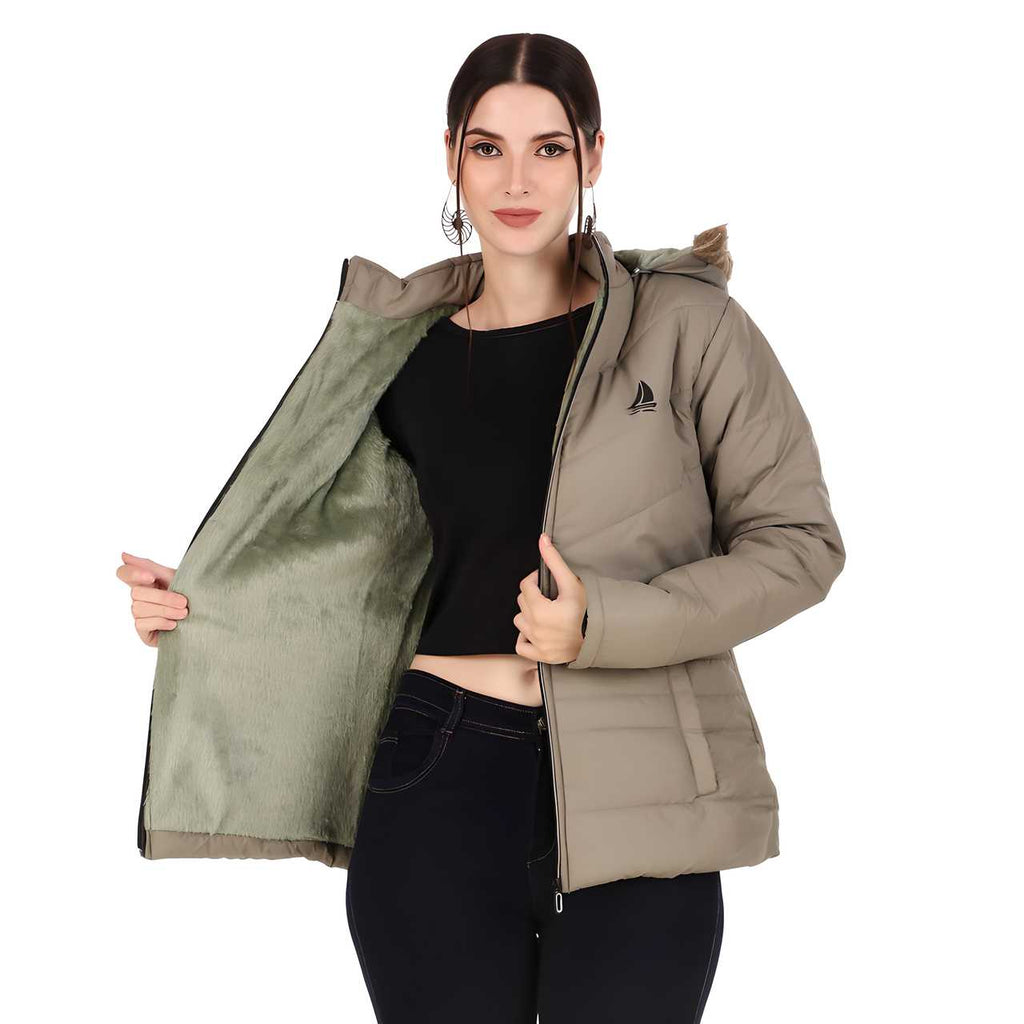 "Women's solid khaki fluffy puffer jacket in soft faux fur."
